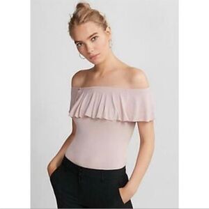 Express Bodysuit XS Ruffled Off-Shoulder Top Light Pink Ribbed Rayon Spandex